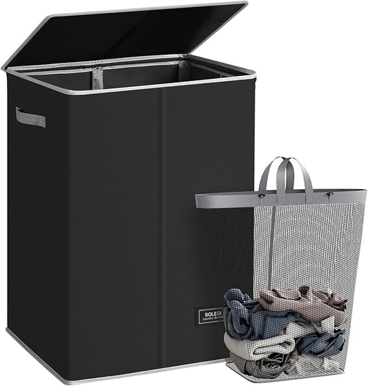 SOLEDI Laundry Hamper with Lid 130L Large & Tall Collapsible Laundry Basket, Clothes Hamper with Bag Removable Easy to Carry, Dirty Hampers for Bedroom, Bathroom, Dorm, College, Black
