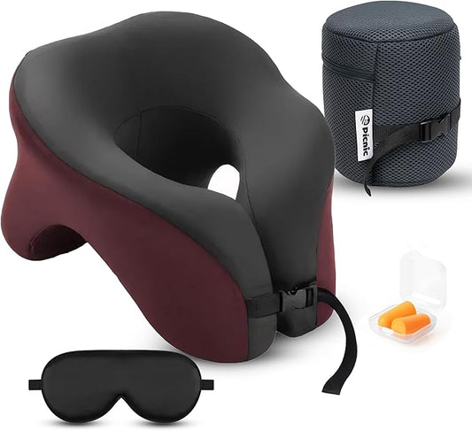 Picnic Neck Pillow for Traveling | 100% Pure Memory Foam Travel Pillow for Airplanes, Car & Office | Ergonomic Support with Adjustable Clasp, Eye Mask & Compact Travel Bag | Perfect for Relaxation