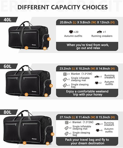 Gonex 40L 60L 80L 100L 150L Large Foldable Travel Duffle Bag with Shoes Compartment, Packable Lightweight Water Repellent Duffel Bag for Camping Gym Weekender Bag