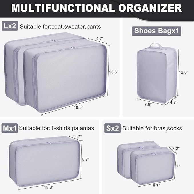 Packing cubes for Travel, CALACH Luggage Organizer Bags 6 Set Packing Cubes for Suitcases Travel Essentials for Carry on Mesh Suitcase Organizer with Shoe Bag (grey)