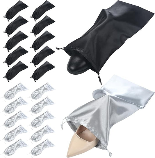 Patelai 20 Pcs Satin Shoe Bags for Travel Reusable Shoe Bag with Drawstring for Protecting Single Pouch Travel Dust Bags Storage Men Women, Black, Grey