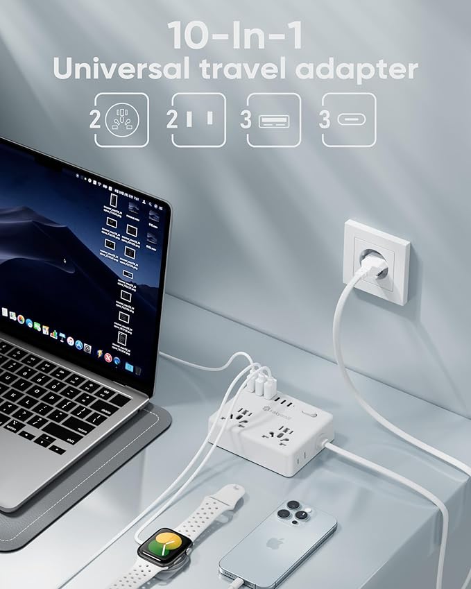 Universal Travel Adapter, Kakyanill European Travel Plug Adapter, EU/UK/AU/Plug Adapter, 4 AC Outlets, 6 USB Ports (3 USB C), 5ft Flat Extension Cord, Compact for Travel