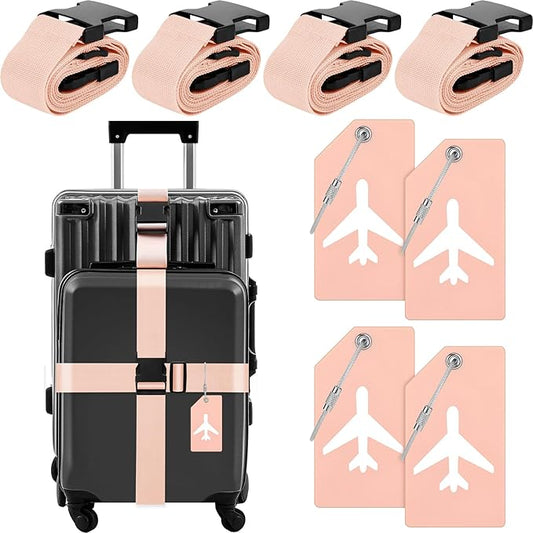Weewooday 8 Pcs Luggage Straps Suitcase Tags Set for TSA Approved, 4 Travel Adjustable Suitcase Belt, 4 Silicone Luggage Tags with Name ID Card Travel Accessories(Light Pink,Airplane)