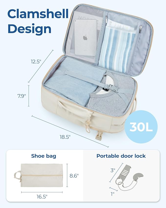 BAGSMART Carry On Travel Backpack, 17 Inch Large Travel backpack Carry On Flight Approved, Anti-theft Personal Item Backpack Travel Bag With Shoe Bag, 30L Water Resistant Casual Daypack, Beige