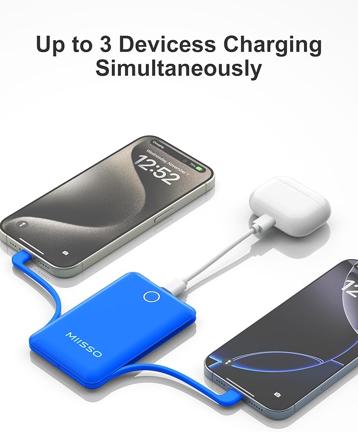 miisso 10000mAh Compatible with iPhone 15/16/17 and Android, Slim Portable Charger with Built in Cable, Power Bank Travel Charger External Battery Pack for Phone, 3 Output USB Type C Cord, Deep Blue