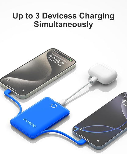 miisso 10000mAh Compatible with iPhone 15/16/17 and Android, Slim Portable Charger with Built in Cable, Power Bank Travel Charger External Battery Pack for Phone, 3 Output USB Type C Cord, Deep Blue