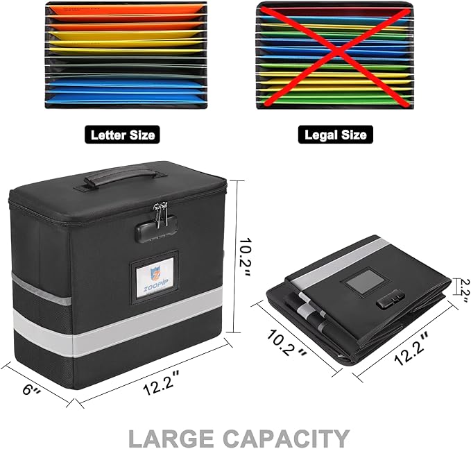 Fireproof File Box with Lock, Document Box Storage Organizer, Suitable for Hanging File Folders in Letter Size, Collapsible File Box, Reflective Strip for Fast Find (12.2"*6"*10.2 (Black, 2Pcs)