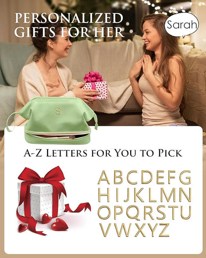 Cool Gifts for College Girl, Initial Large Makeup Bag, Bride To Be Gifts, Double Layer Cosmetic Bag, Waterproof PU Travel Toiletry Bag for Bachelorette Party Women Wedding Bridal, Bride Gifts