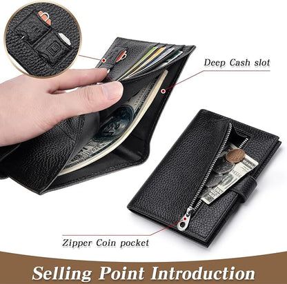 Passport Holder for Travel Women RFID Blocking Genuine Leather Passport Wallet with Card Slots, Zipper Coins Pocket, Cash Holder, Black