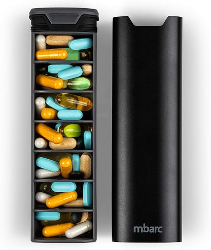 7 Day Weekly Pill Organizer 2.0 by mbarc - Premium Stylish Aluminum and Wood Large Capacity Pill Box for Supplements, Pills, Vitamins and Medication. (Midnight Black)