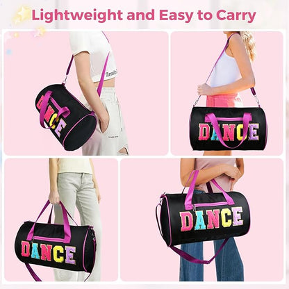 Dance Bag for Girls, KUIRAN 23L Waterproof Travel Duffel Bag with Colorful Chenille Letter, Lightweight Small Gym Sport Ballet Bag Weekender Bag with Large Main Compartment 15"Lx9"Wx9"H - Black