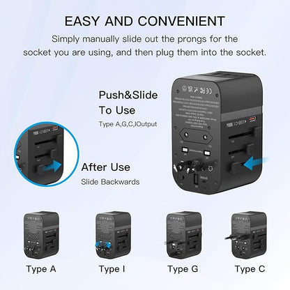 Universal Travel Adapter, PD100W International Power Adapter,3 USB-C & 2 USB-A Fast Charging Travel Charger, All in One Worldwide Travel Plug Adapter, Outlet Adapter for EU UK USA AU, Black