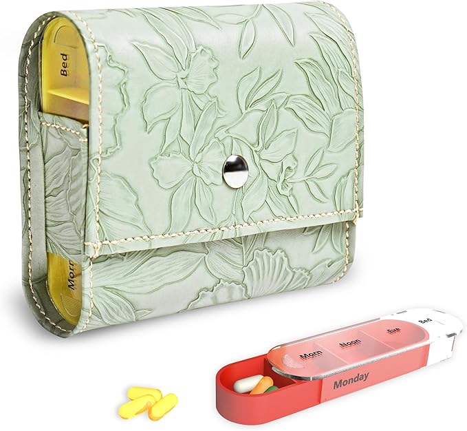 Pill Organizer,LIZIMANDU Weekly Travel Pill Case Box Medication Reminder Daily AM PM, Day Night 7 Compartments,for 4 Times A Day, 7 Days a Week-Includes Leather PU Carrying Case(1-Carved Green4)
