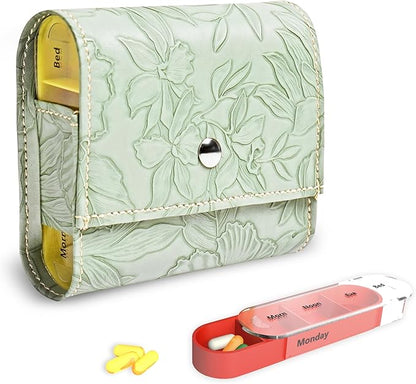 Pill Organizer,LIZIMANDU Weekly Travel Pill Case Box Medication Reminder Daily AM PM, Day Night 7 Compartments,for 4 Times A Day, 7 Days a Week-Includes Leather PU Carrying Case(1-Carved Green4)