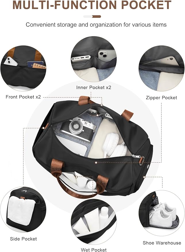 Gym Bag for Women Men with Shoe Compartment, Sport Duffel Bag, Waterproof Travel Weekender Overnight Carry on Bag for Yoga with Trolley Sleeve, Black Brown