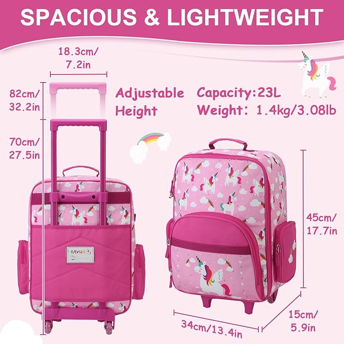 RAVUO Kids Luggage with Wheels for Boys Girls, Cute Travel Carry On Suitcase for Children Toddlers Classic Rolling Luggage with Large Front Pocket for School and Overnight
