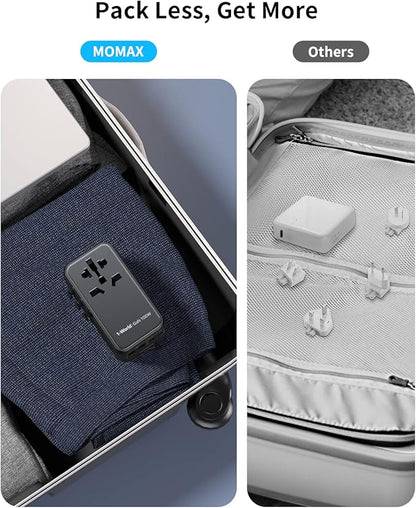 MOMAX Universal Travel Adapter, 100W Fast GaN International Power Adapter, 2PD USB-C+2QC USB-A Travel Adapter, US, UK, EU, AU Travel Adapter Worldwide for Laptops, Tablets, Phones, Vision Pro