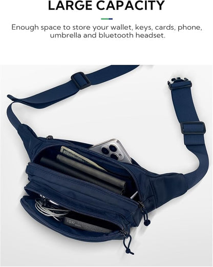 WATERFLY Fanny Pack Waist Packs: Large Crossbody Fanny Packs for Women Men with 5 Zipper Pockets Adjustable Strap Waist Bags Hip Pack for Traveling Cycling Running Hiking-Navy Blue