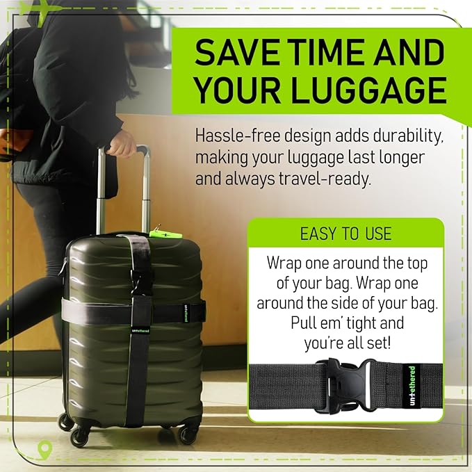 Untethered Luggage Straps | TSA-Approved Suitcase Belts with Heavy-Duty Buckles. Secure Adjustable Travel Accessories for Checked Bags. 4-Pack