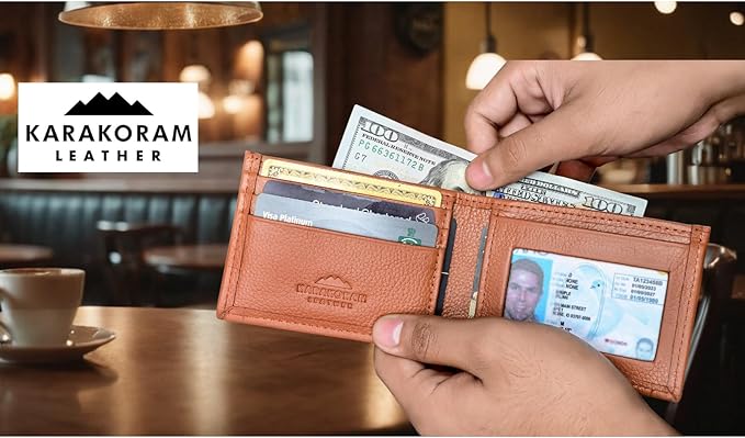 KARAKORAM LEATHER Artisan Made Premium Cowhide Leather Slim BiFold Wallet for Men | RFID Blocking Front Pocket Everyday Carry | Fits 12-14 Cards with 2 External Quick Access Slots (Sandstone Tan)