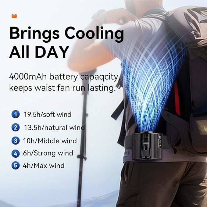 Portable Fan,Rechargeable Waist Fans,11000RPM Strong Airflow Mini Wearable Belt Fan,5 Speed,Personal Clip Waist Fans for Outdoor,Camping,Jobsite,Fishing,Travel (K20-Black)