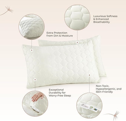 Organic Cotton Pillow Protector - Durable Quilted Pillow Protector King Size GOTS & Fairtrade Certified - Thick Hypoallergenic Machine Washable Breathable Cover & Edge Piping 2 Pack (Ivory, Standard)