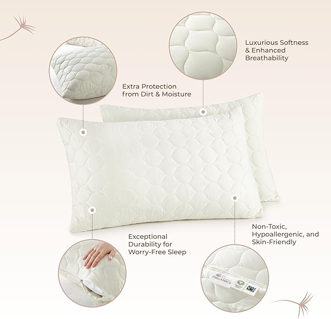 Organic Cotton Pillow Protector - Durable Quilted Pillow Protector Queen Size GOTS & Fairtrade Certified - Thick Hypoallergenic Machine Washable Breathable Cover & Edge Piping - 2 Pack (Ivory, Queen)