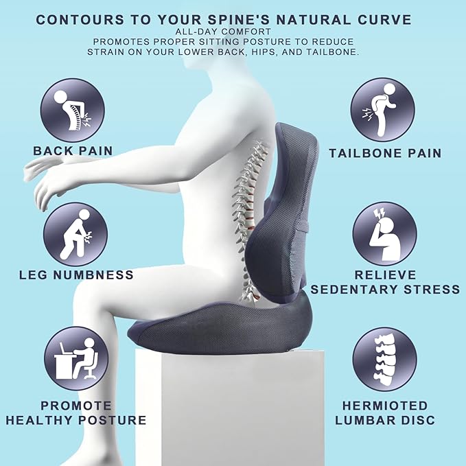 Large Seat Cushion & Lumbar Support Pillow Set for Car & Office Chair,Memory Foam Ergonomic Desk for Tailbone & Sciatica & Hip Pain Relief,Back Support-Black