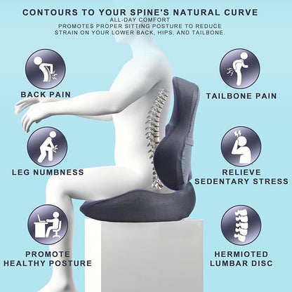 Large Seat Cushion & Lumbar Support Pillow Set for Car & Office Chair,Memory Foam Ergonomic Desk for Tailbone & Sciatica & Hip Pain Relief,Back Support-Black