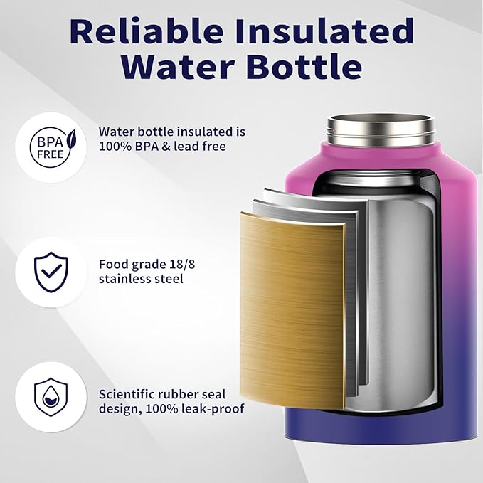 WATERSY Half Gallon Water Bottle Insulated(Cold for 48 Hrs),BPA Free&Leak Proof,64oz Stainless Steel Water Jug/Flask,Big thermo,Large Water Bottle with Handle for Gym,Hiking,Camping,Gradient Purple