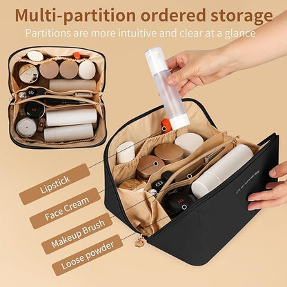 Travel Makeup Bag, Large Capacity Cosmetic Organizer Bags for Women, Waterproof PU Leather Toiletry Bags, Wide Open Flat Makeup Case with Divider and Handle