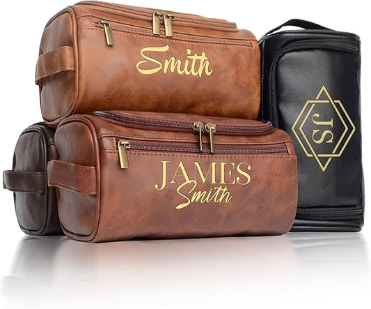 Personalized Toiletry Bag for Men, Engraved Name Initials Toiletry Bag, Customized Monogram Travel Shaving Dopp Kit for Groomsmen, Gift for Christmas, Birthday, Dad, Husband (Black)