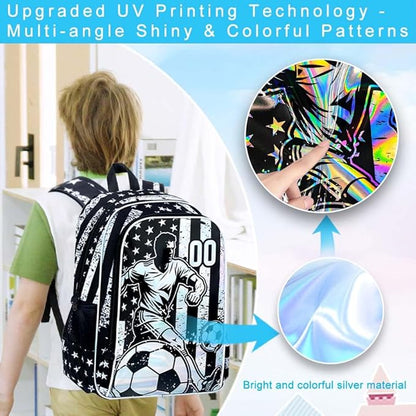 WZLVO 3PCS Kids Soccer Backpack Set, 17" Cool UV Printing Boys Bookbag/School Bag with Lunch Box & Pencil Bag for Elementary to Middle - Star-Spangled Soccer