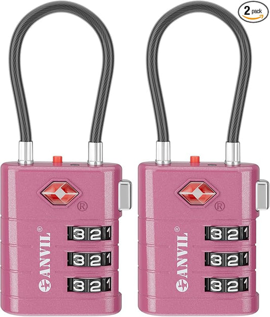 ANVIL TSA Approved Luggage Locks – High Security TSA008 Combination Travel Locks with Inspection Indicator for Suitcases and Backpacks. (2, Rose Purple)