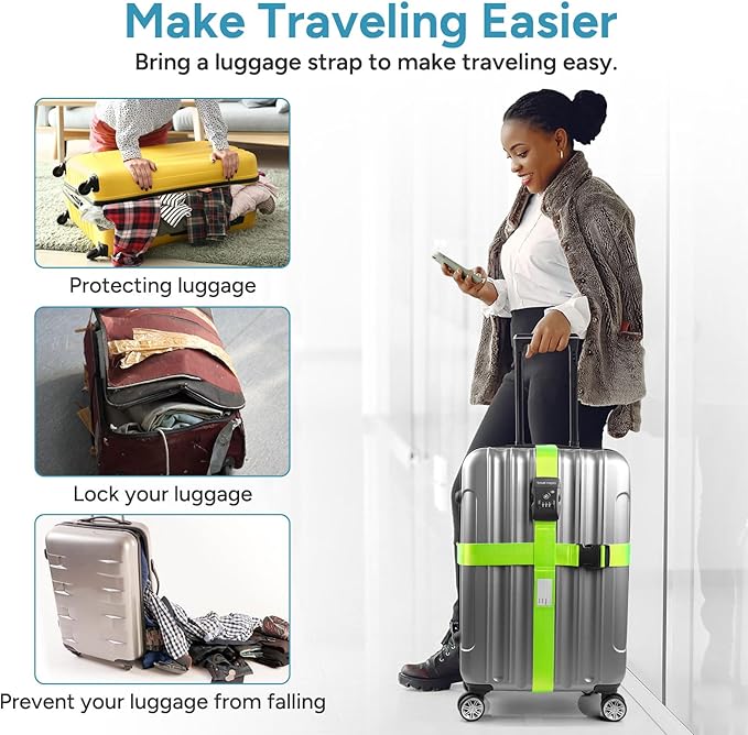 Luggage Straps with TSA Lock, Travel Belt for Luggage, TSA Approved Luggage Straps, 3-Dial Combination Locks Adjustable Suitcase Belt, Quick-Release Buckle (Green), 2 Pack