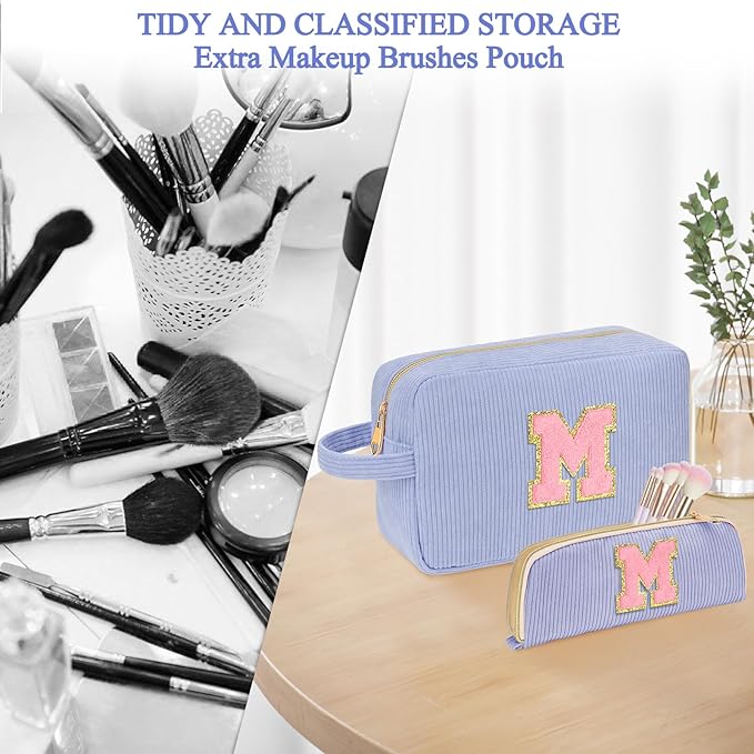 Personalized Initial Makeup Bag Trendy Stuff Corduroy Cosmetic Bag Travel Toiletry Bag, Christmas/Thanksgiving/Halloween Gifts Makeup Organizer Case for Women Girls Mom Girlfriend Wife - Blue