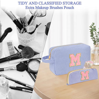 Personalized Initial Makeup Bag Trendy Stuff Corduroy Cosmetic Bag Travel Toiletry Bag, Christmas/Thanksgiving/Halloween Gifts Makeup Organizer Case for Women Girls Mom Girlfriend Wife - Blue