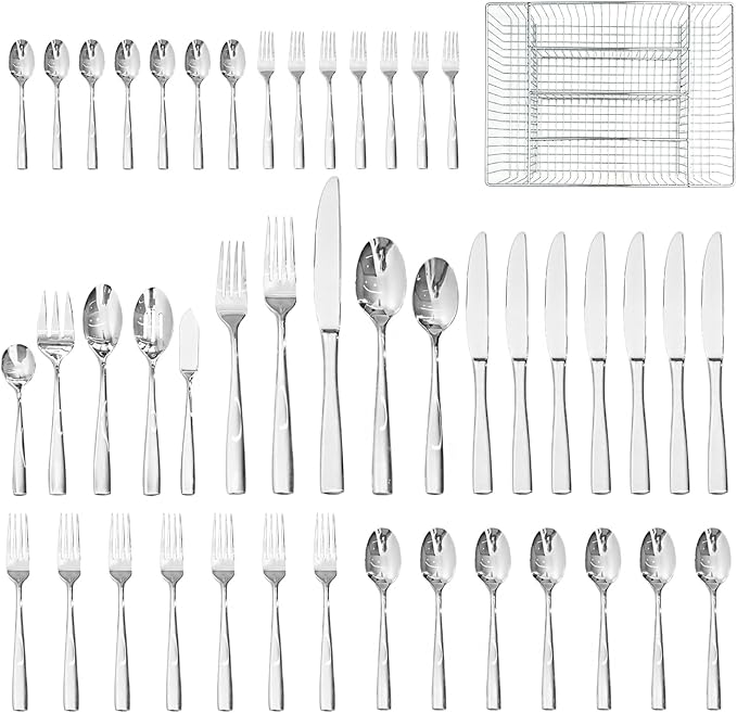 HIKAA 45-Piece Silverware Set with Organizer, Heavy Duty Stainless Steel Flatware for 8, Cutlery Utensil Sets with Serving Utensils, Mirror Polished, Dishwasher Safe