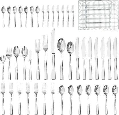 HIKAA 45-Piece Silverware Set with Organizer, Heavy Duty Stainless Steel Flatware for 8, Cutlery Utensil Sets with Serving Utensils, Mirror Polished, Dishwasher Safe