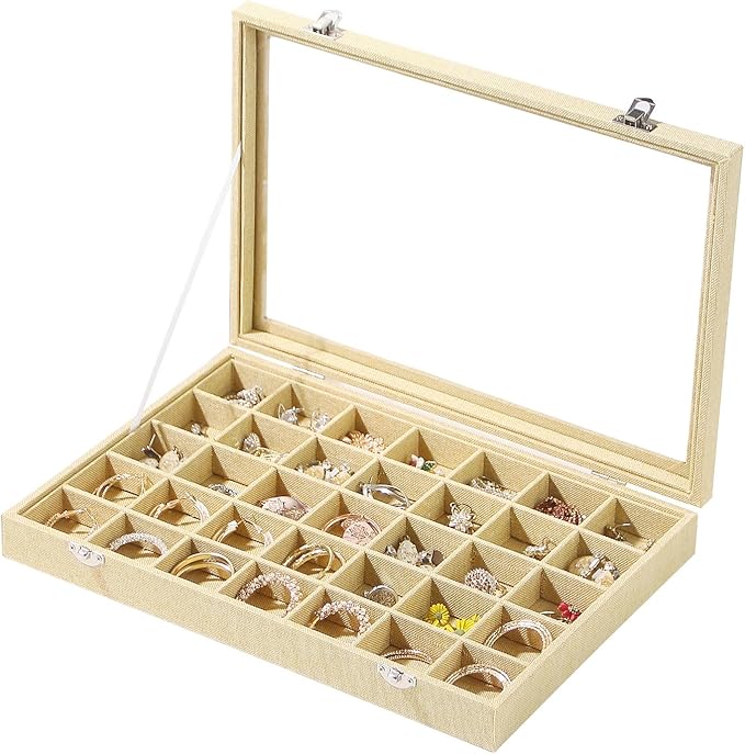 Coward Ring Earring Jewelry Organizer Box, 35 Grids Dustproof Display Holder Case, Yellow Linen Velvet Jewelry Bead Display Tray Case with Transparent Glass Lid for Momen Girls