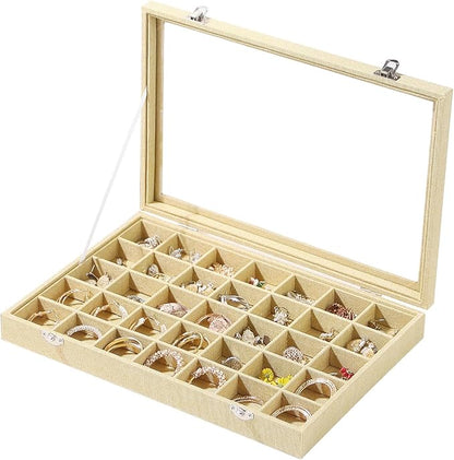 Coward Ring Earring Jewelry Organizer Box, 35 Grids Dustproof Display Holder Case, Yellow Linen Velvet Jewelry Bead Display Tray Case with Transparent Glass Lid for Momen Girls
