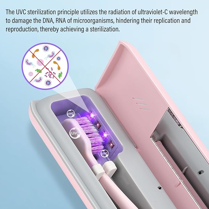 YourMate Toothbrush Sanitizer Case Travel Toothbrush Covers Case for Houshold and Traveling Power by AA Battery or USB-C Pink