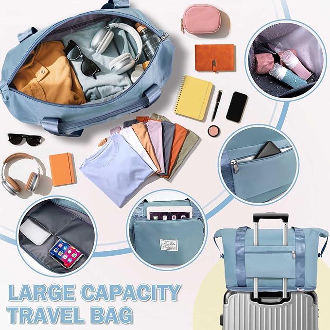 Ranslen Large Capacity Folding Travel Bag,Expansion Travel Duffel Bag with Dry and Wet Separation Portable Travel Duffel Bag