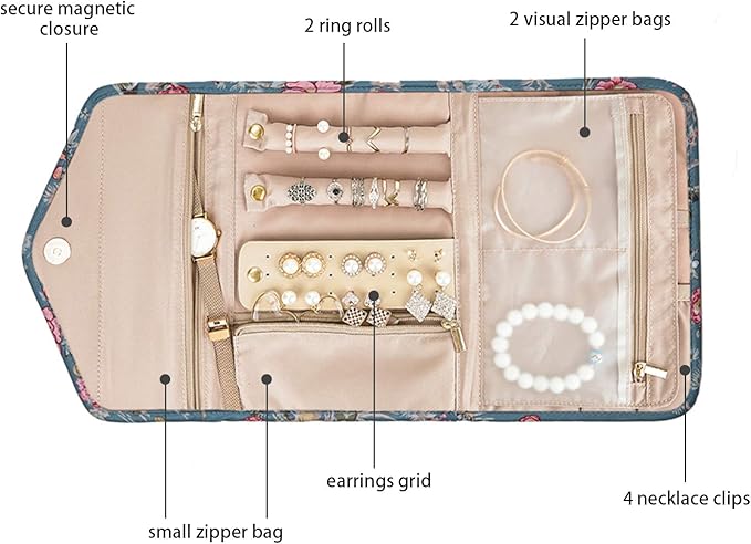 BAGSMART Travel Jewellery Organiser Roll Foldable Jewelry Case for Journey-Rings, Necklaces, Bracelets, Earrings, Flower Bird