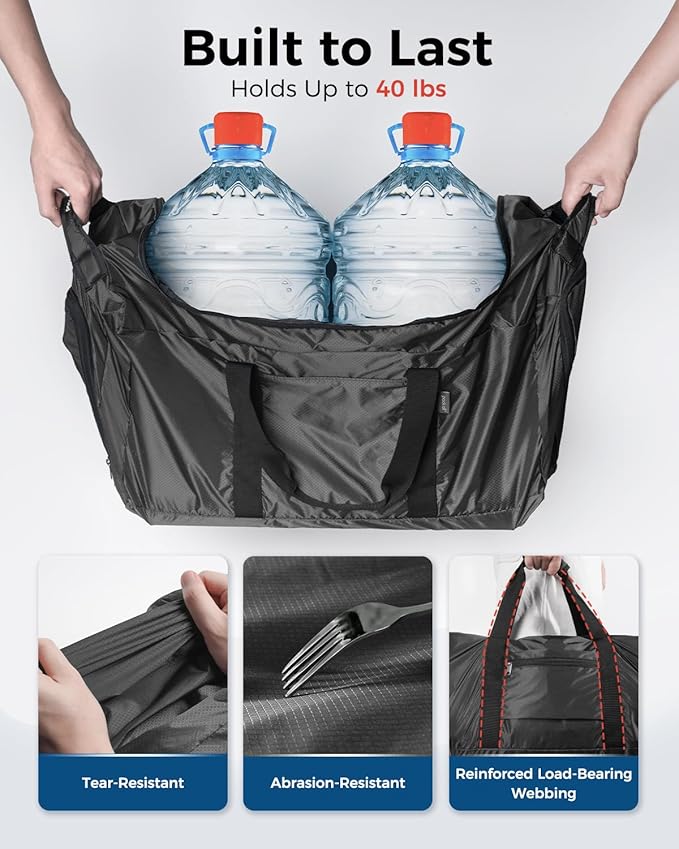 pack all 65L Foldable Travel Duffel Bag, Packable Weekender Bag with Shoe Compartment, Water-Resistant Gym Bag with Adjustable Strap for Overnight, Sports and Camping (Black)