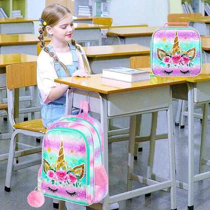 WZLVO 3PCS Unicorn Backpack for Girls, 16" Kids Preschool Bookbag with Lunch Box，Water Resistant School Backpacks Set for Elementary Kindergarten