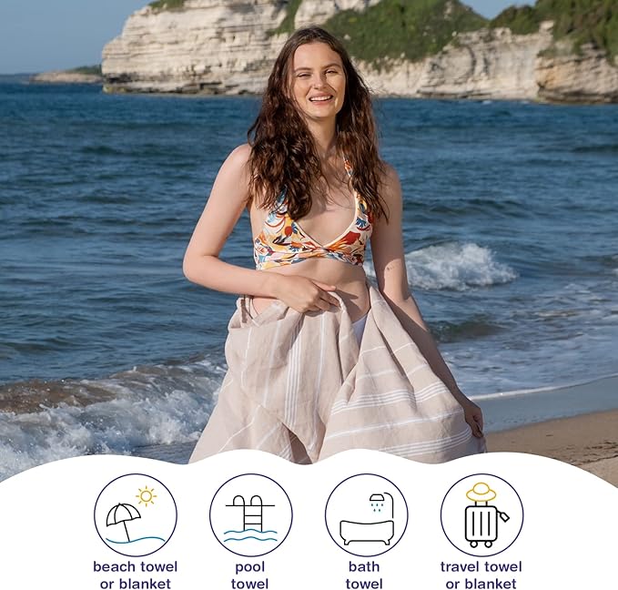 Turkish Beach Towels, Bulk Case of 12 | Oversized, Quick Dry, Sand Free | 100% Cotton, Large 38x71 Towels for Beach, Pool, Travel | Ultra-Soft, Compact, Absorbent | Beige