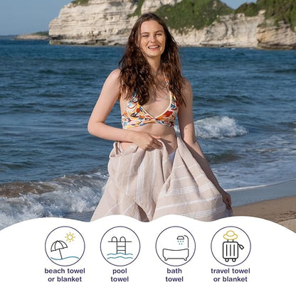 Turkish Beach Towels, Bulk Case of 12 | Oversized, Quick Dry, Sand Free | 100% Cotton, Large 38x71 Towels for Beach, Pool, Travel | Ultra-Soft, Compact, Absorbent | Beige