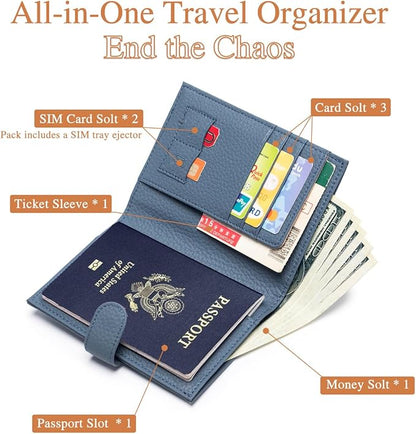 RFID Leather Passport Holder for Travel Women & Men – Compact Slim Christmas Gift for Travel Passport Wallets with Card Slots, Zippered Coin Pocket & Travel Passport Cover Case – Denim Blue