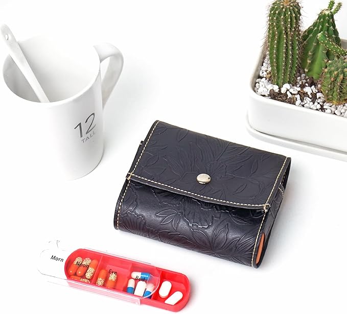 Pill Organizer,LIZIMANDU Weekly Travel Pill Case Box Medication Reminder Daily AM PM, Day Night 7 Compartments,for 4 Times A Day, 7 Days a Week-Includes Leather PU Carrying Case(1-Carved Black)